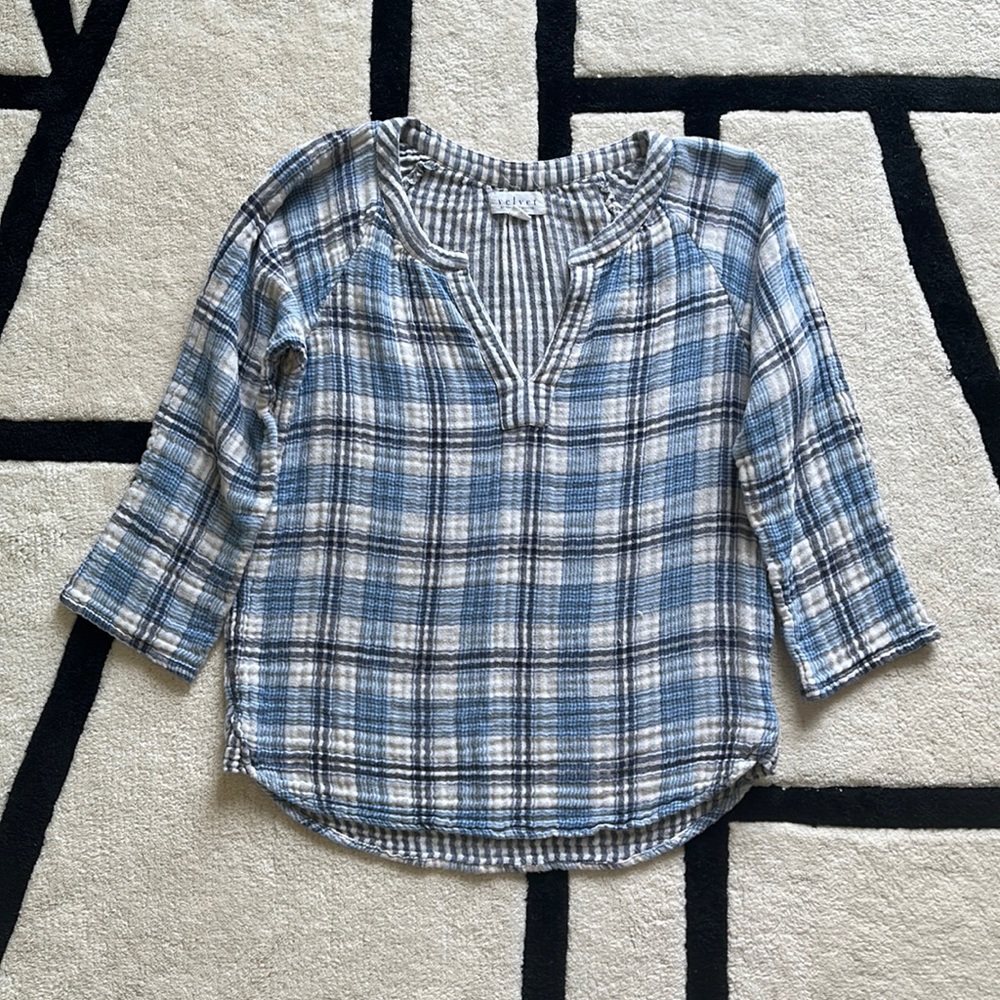 Velvet Blue Plaid Top